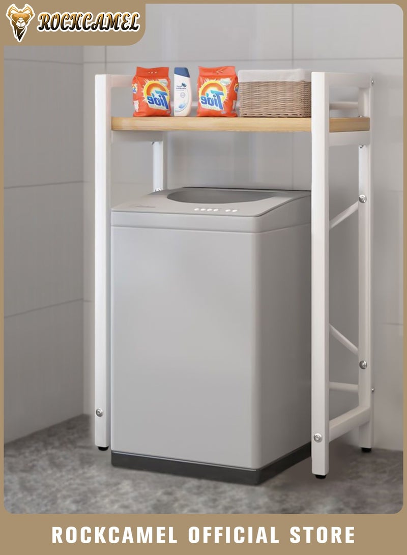 ROCKCAMEL Wash Machine Rack, Metal and Wood Storage Shelf, Bathroom Storage Rack, Multifunctional Storage Rack for Bathroom Kitchen Garage, Home Storage Organizer (White & Yellow, 69x30x119cm) - Image 1