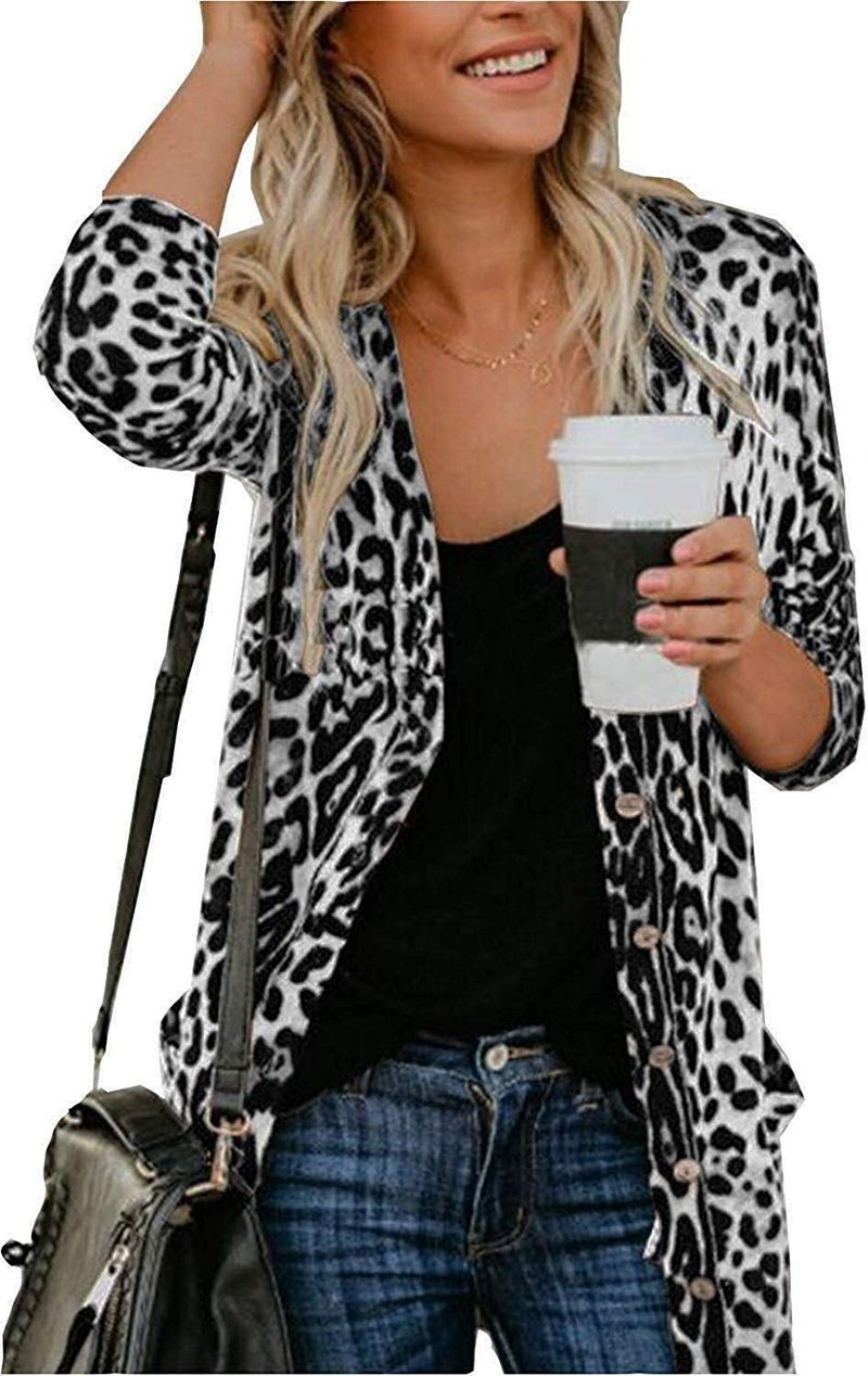 QegarTop Women Cardigan with Sleeve Lightweight Leopard Tops for Women Animal Print Cardigans Shirts White 2XL - Image 1