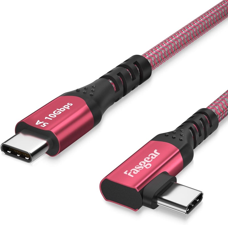 Fasgear USB C to USB C Cable, 100W Power Delivery 90 Degree Type C 3.1 Gen 2 Fast Charge Cord with E-Marker Chip Compatible for Macbook,Pixelbook,Galaxy S20,SSD (10ft(3m), Red) - Image 1