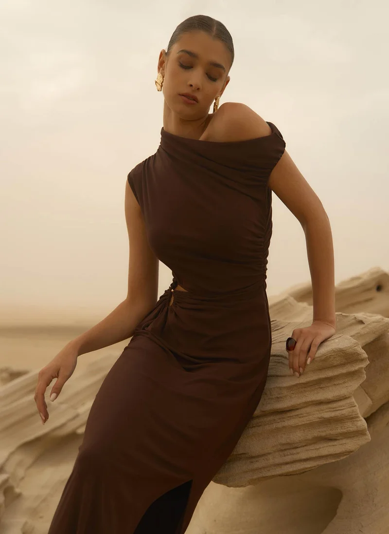 Lichi Jersey maxi dress with one-shoulder bodice and waist decoration
