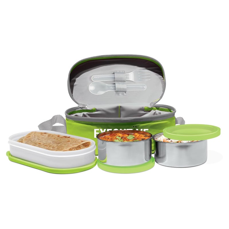 Milton MILTON Executive Lunch Box, 2 Round Inner Steel Round Containers 280ml Each and 1 Microwave Safe Oval Plastic Container, 450ml with Insulated Bag, Office Tiffin for Leak-Proof, Easy to Carry, Green - Image 1