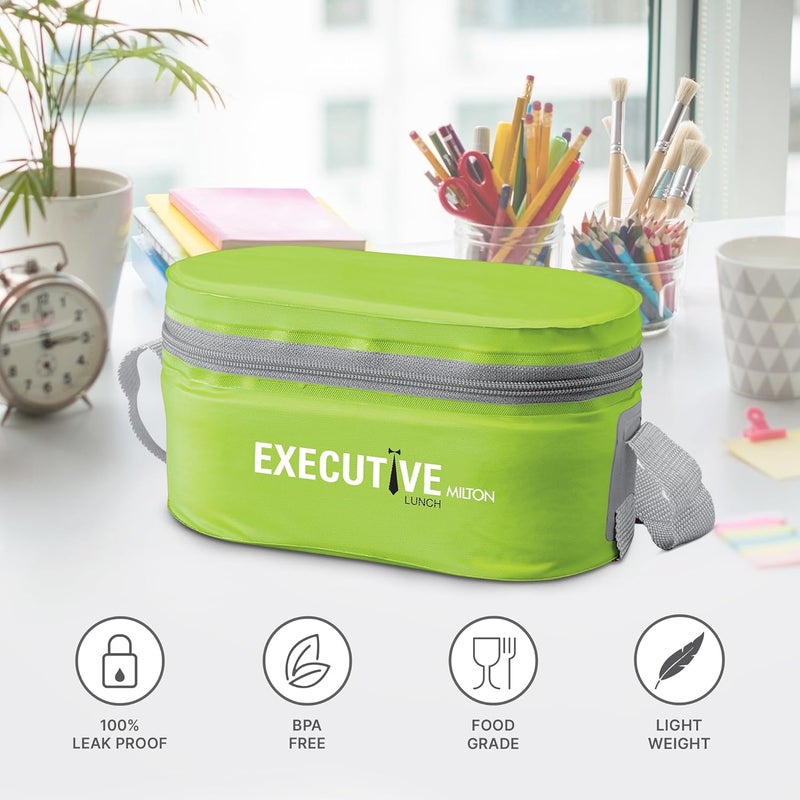 Milton MILTON Executive Lunch Box, 2 Round Inner Steel Round Containers 280ml Each and 1 Microwave Safe Oval Plastic Container, 450ml with Insulated Bag, Office Tiffin for Leak-Proof, Easy to Carry, Green - Image 2
