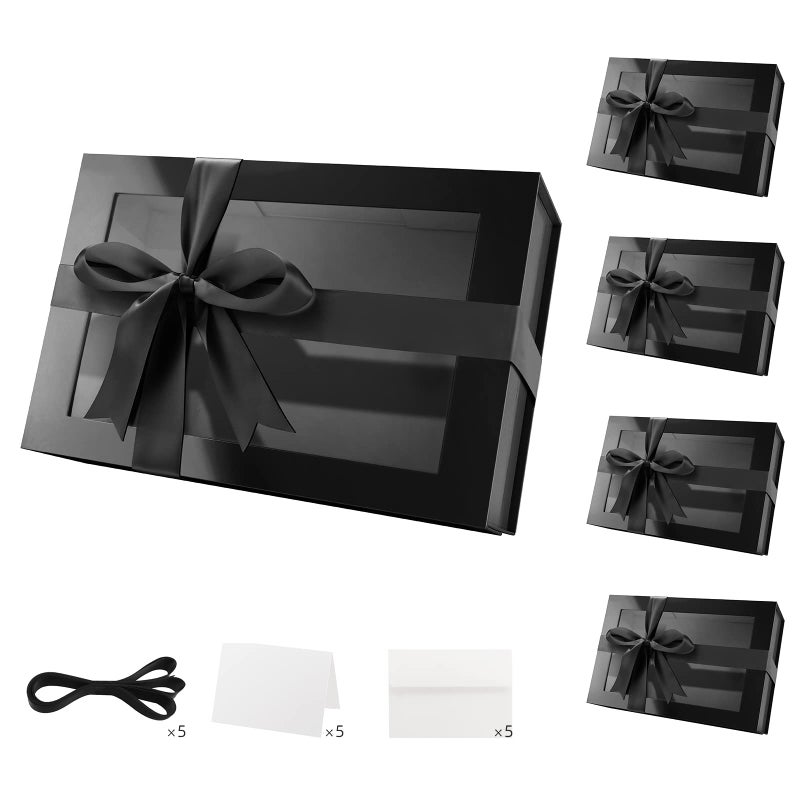 PACKQUEEN 5 Large Black Gift Boxes With Windows 135x9x41 Inches Clear for Presents Contain Ribbons Cards Groomsmen Proposal Boxes Magnetic Lids Glossy Black