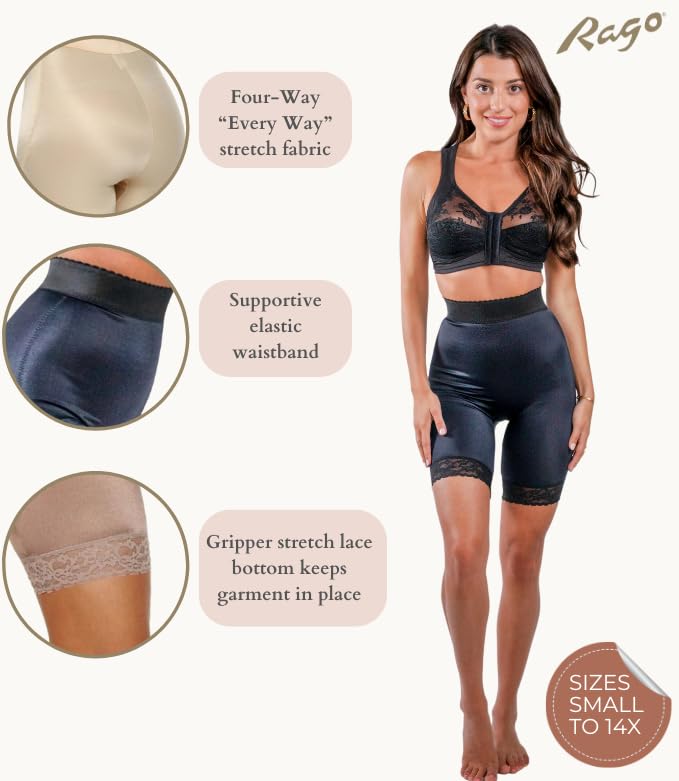 Rago 518 High Waist Leg Shaper | Light Control | Made in USA | No-Roll Lace Hem | Black 2X/34 - Image 5