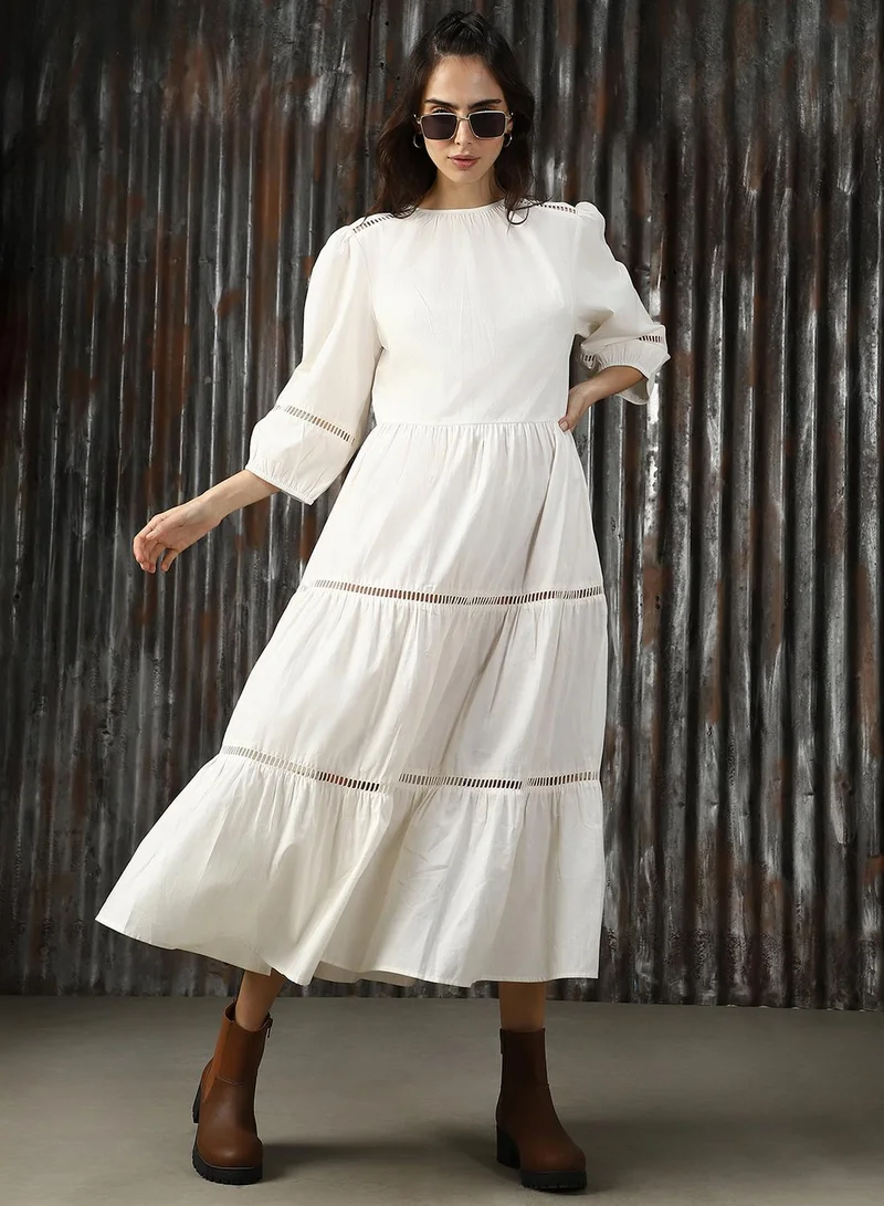 HIGH STAR  Women's Off White Poplin Solid Midi A-Line Dress for Women | Best Price UAE