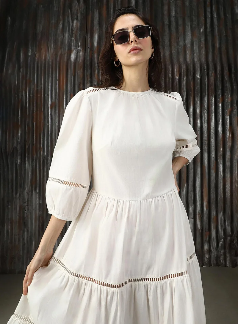 HIGH STAR  Women's Off White Poplin Solid Midi A-Line Dress for Women | Best Price UAE