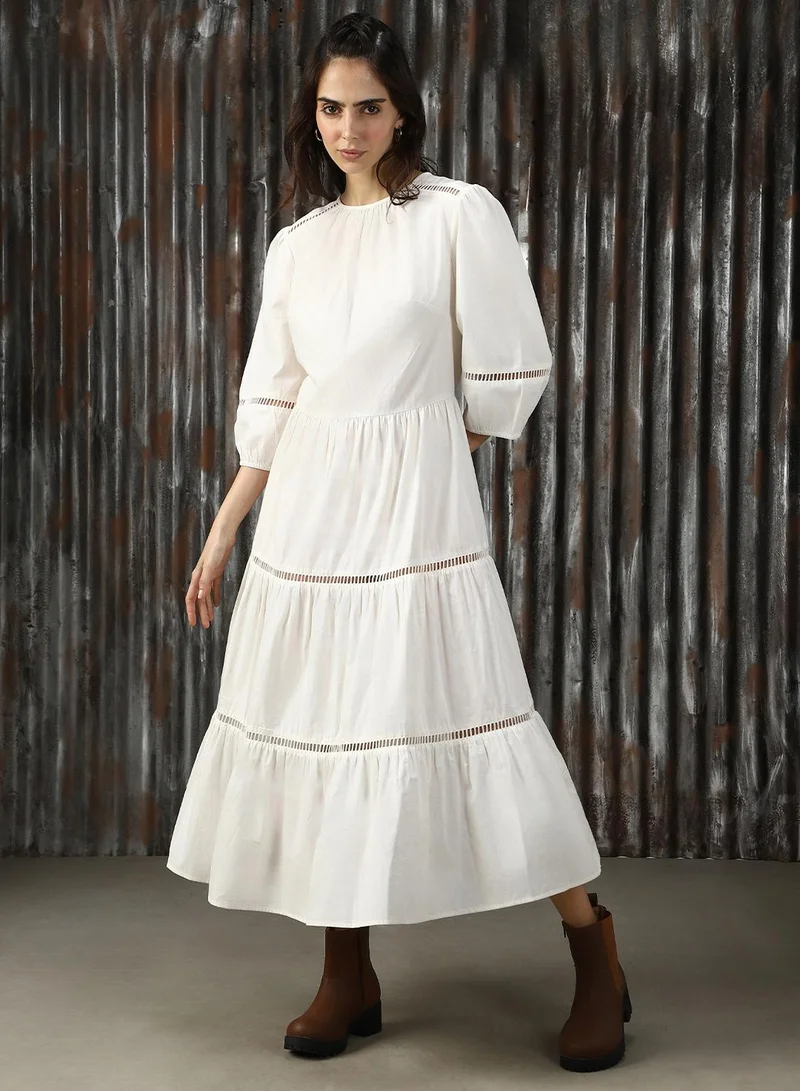 HIGH STAR  Women's Off White Poplin Solid Midi A-Line Dress for Women | Best Price UAE