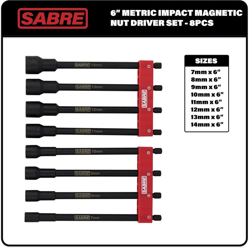 Sabre Tools 8 Piece Metric Impact Magnetic Nut Driver Set – 6 Inch Length, 1/4 Inch Hex Shank, Magnetic Socket Tip (8 Piece Metric Set) - Image 2