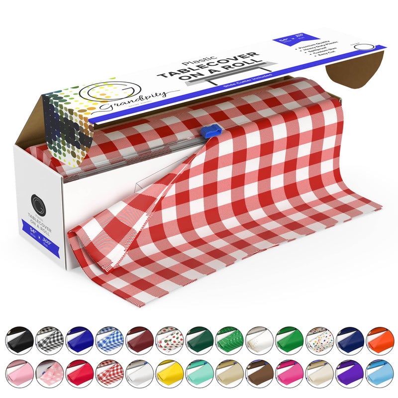 Grandipity Plastic Tablecloth Roll - 54in x 300 Ft. Red Gingham Checkered Plastic Table Cloths for Parties | Disposable with Cutter Box - Cut to Size Disposable Tablecloth for Rectangle & Round - Image 1