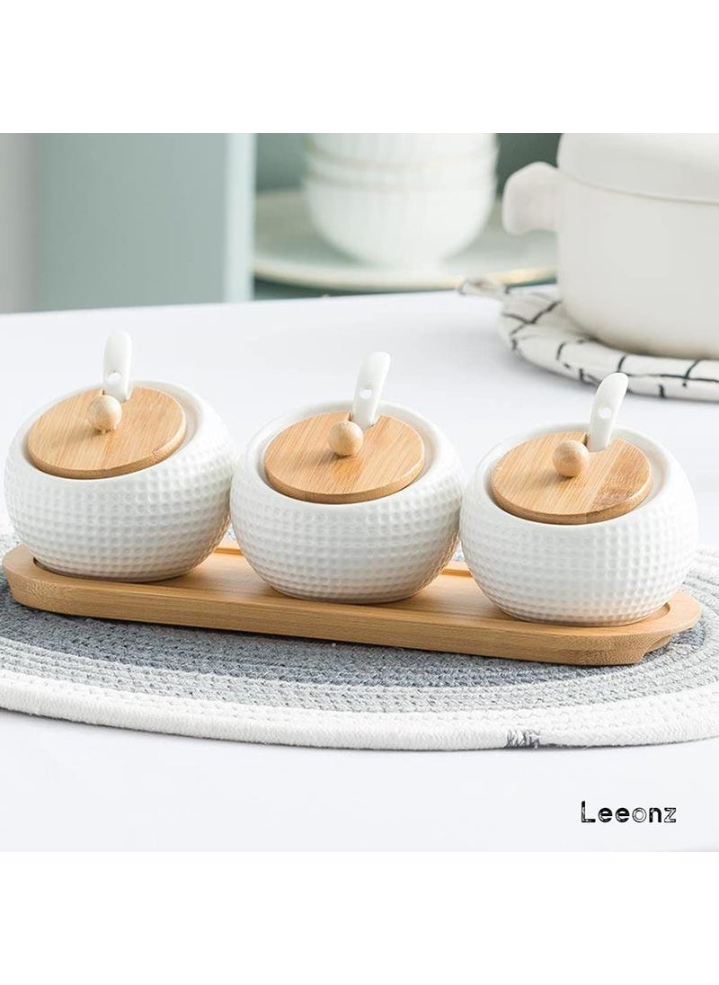 Leeonz Leeonz Ceramic Condiment Jar Spice Container Pots Set with Spice Tray for Spice Salt Sugar Cruet, White  - Image 2
