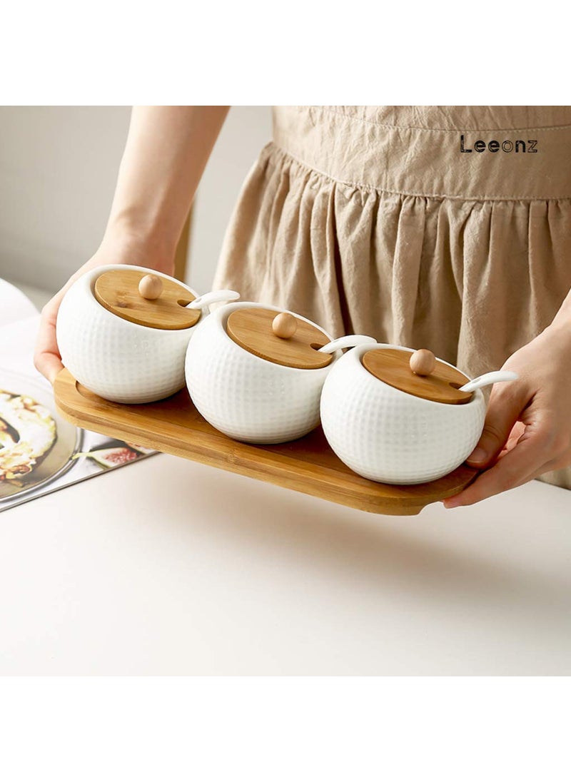 Leeonz Leeonz Ceramic Condiment Jar Spice Container Pots Set with Spice Tray for Spice Salt Sugar Cruet, White  - Image 5