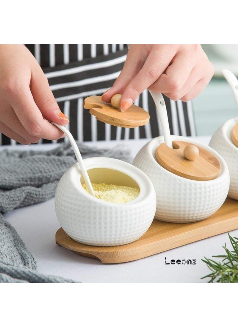 Leeonz Leeonz Ceramic Condiment Jar Spice Container Pots Set with Spice Tray for Spice Salt Sugar Cruet, White  - Image 3