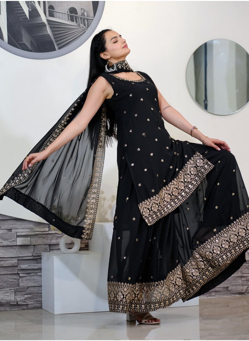 Generic Presenting a new designer embroidered fox georgette Black Sharara suit with sequence embroidered work  - Image 2