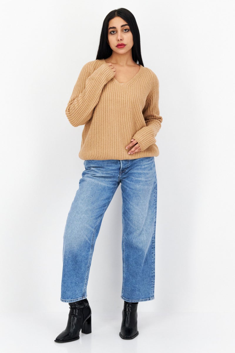 Tchibo Women V-Neck Knitted Sweater, Brown  - Image 4