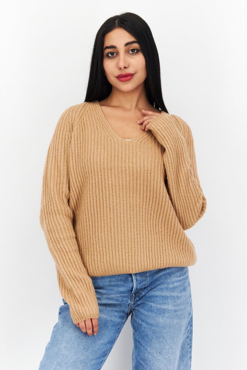 Tchibo Women V-Neck Knitted Sweater, Brown  - Image 1