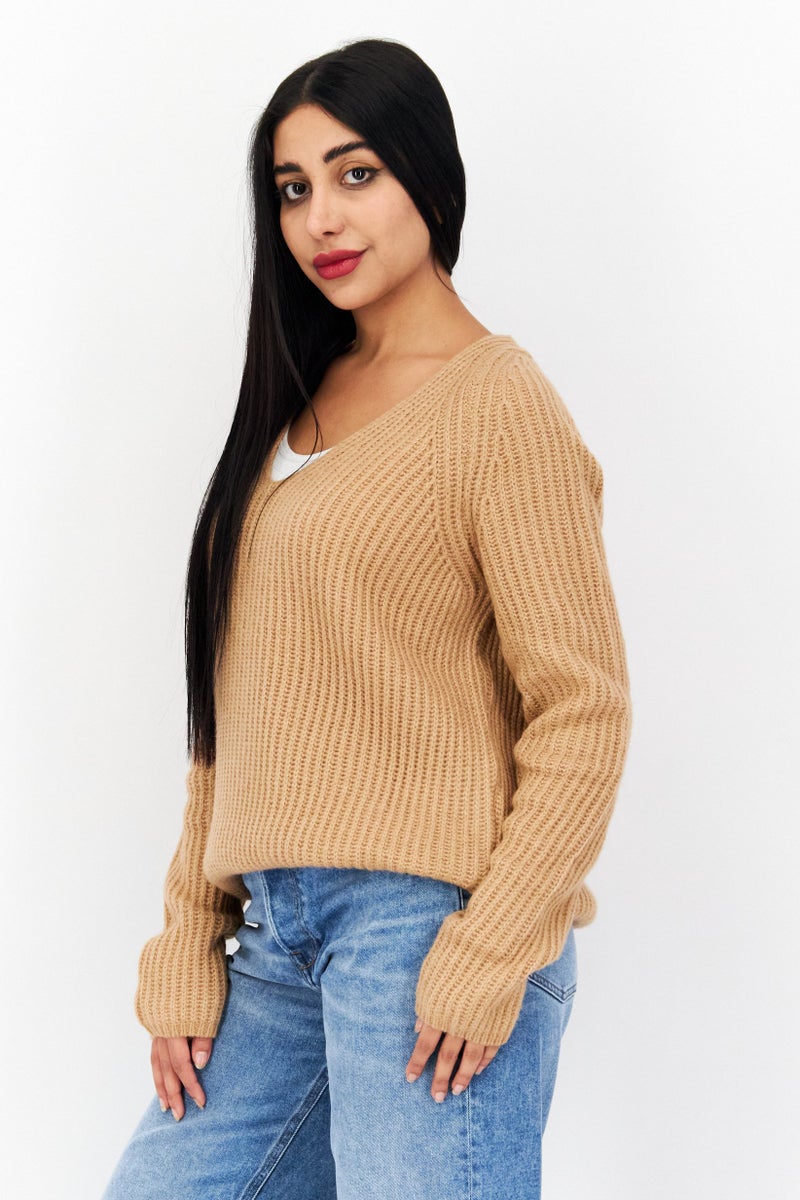 Tchibo Women V-Neck Knitted Sweater, Brown  - Image 3