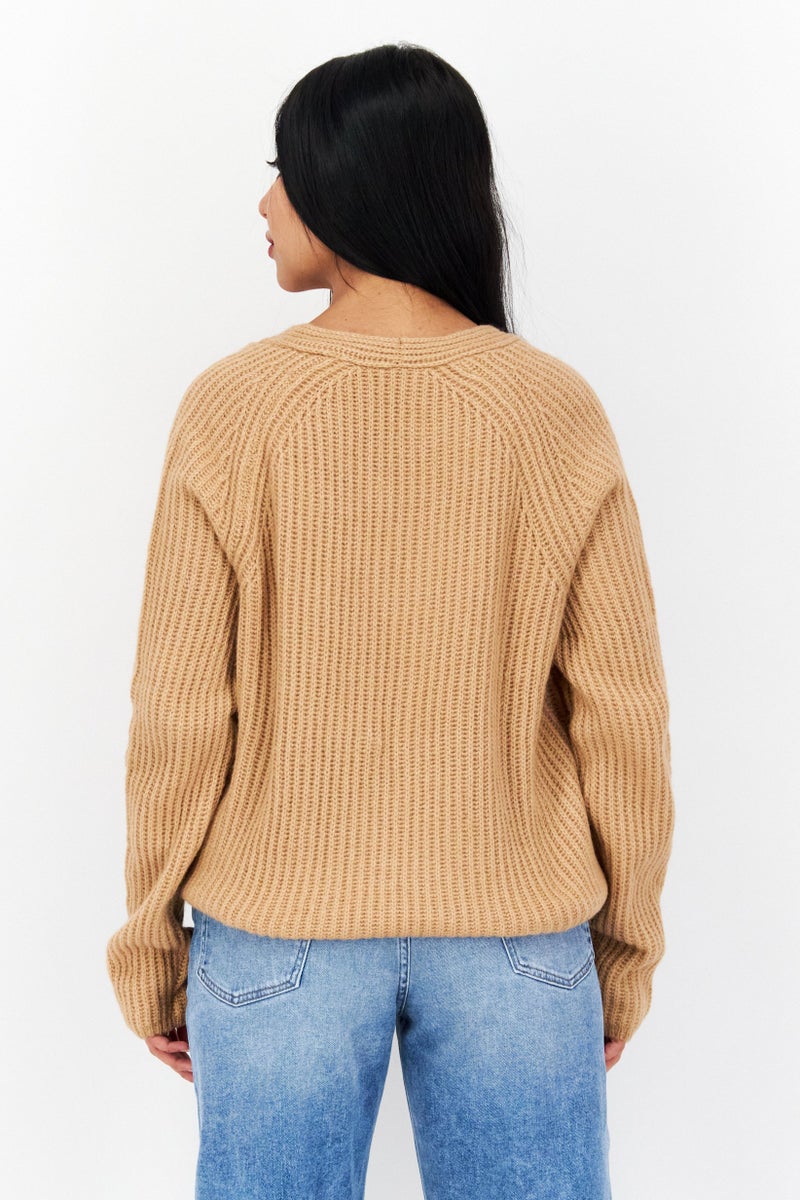 Tchibo Women V-Neck Knitted Sweater, Brown - Image 2
