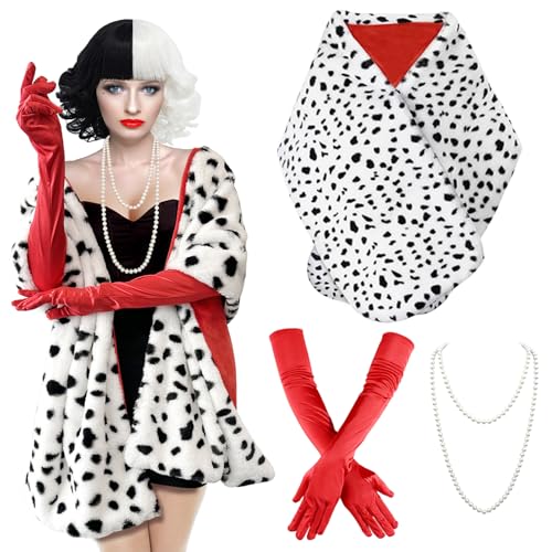 Pextian 4PCS Halloween Costume Women, Dalmatian Shawl, 1920s Red Gloves, Dalmatian Costume Women Coat for Halloween Cosplay Party - Image 1
