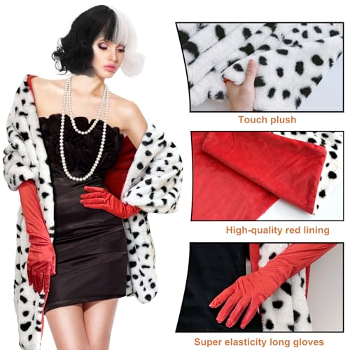 Pextian 4PCS Halloween Costume Women, Dalmatian Shawl, 1920s Red Gloves, Dalmatian Costume Women Coat for Halloween Cosplay Party - Image 3