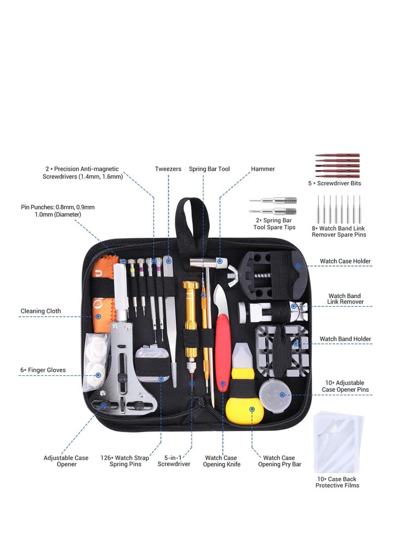 Ohuhu - Watch repair kit Ohuhu 192 pcs upgraded heavy duty watch link removal battery replacement band tool kit watch back remover tool professional watch repair opener tools with PU leather bag user manual - Image 1