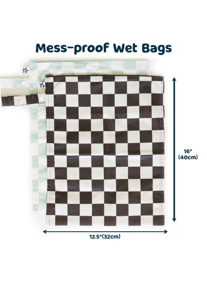 Tiny Twinkle Mess Proof Wet Bags | 2-Pack Reusable Waterproof Wet Bags for Swimsuits | Baby Clothes | Travel & Diaper Bag (Black, Green Checkers) - Image 2
