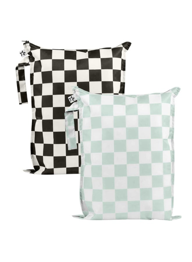 Tiny Twinkle Mess Proof Wet Bags | 2-Pack Reusable Waterproof Wet Bags for Swimsuits | Baby Clothes | Travel & Diaper Bag (Black, Green Checkers) - Image 1