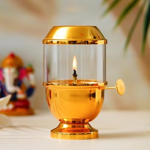 Webelkart Antique Lanterns for Home Decor Akhand Diya Qith Adjustable Bati for Puja Decor|Oil Puja Lamp for Aarti Pooja Article Metal Diya for Diwali ( 6.29" Inches- Metal ) - Image 1