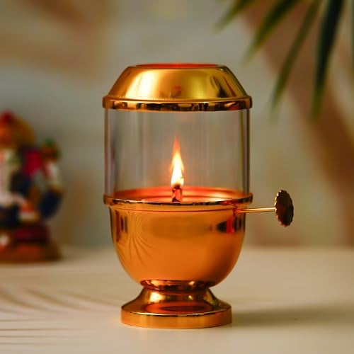 Webelkart Antique Lanterns for Home Decor Akhand Diya Qith Adjustable Bati for Puja Decor|Oil Puja Lamp for Aarti Pooja Article Metal Diya for Diwali ( 6.29" Inches- Metal ) - Image 2