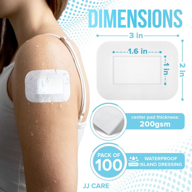 JJ CARE حزمة ضمادات جزيرة لاصقة مقاومة للماء من JJ CARE عدد 100 2 × 3 معقمة بحدود قطنية قابلة للتنفس - Image 2
