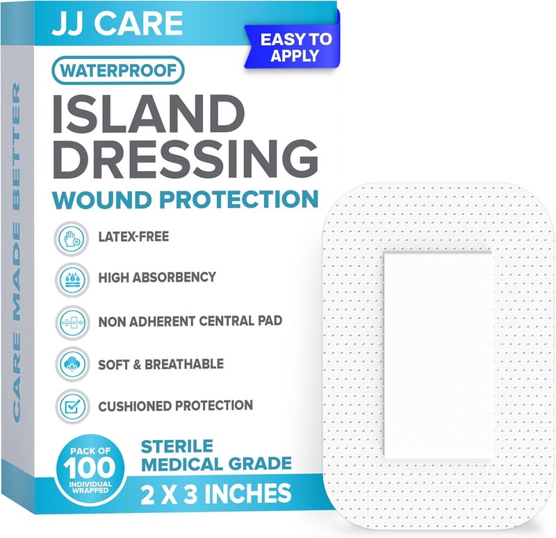 JJ CARE حزمة ضمادات جزيرة لاصقة مقاومة للماء من JJ CARE عدد 100 2 × 3 معقمة بحدود قطنية قابلة للتنفس - Image 1