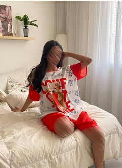 A women's satin pajama set adorned with a teddy bear print, consisting of a blouse and shorts in white and red Free Size
