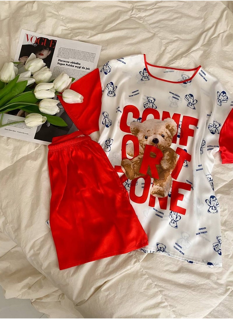 Generic - A women's satin pajama set adorned with a teddy bear print, consisting of a blouse and shorts in white and red Free Size - Image 1