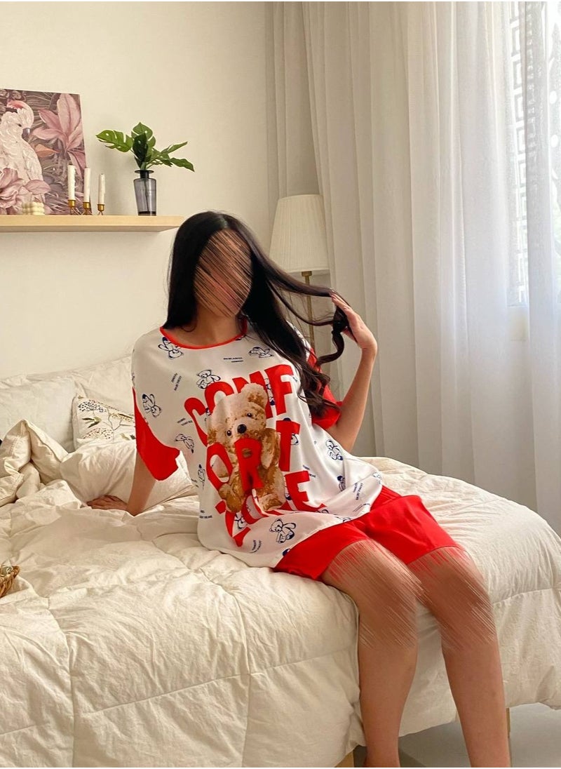 Generic - A women's satin pajama set adorned with a teddy bear print, consisting of a blouse and shorts in white and red Free Size - Image 1