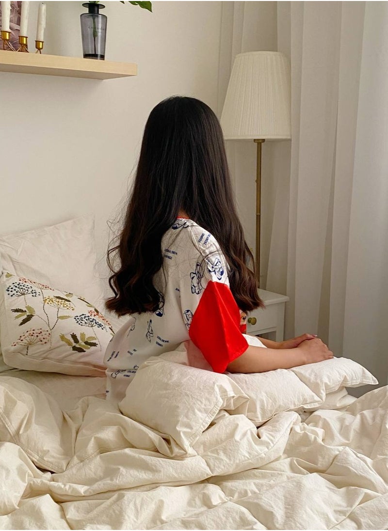 Generic - A women's satin pajama set adorned with a teddy bear print, consisting of a blouse and shorts in white and red Free Size - Image 1