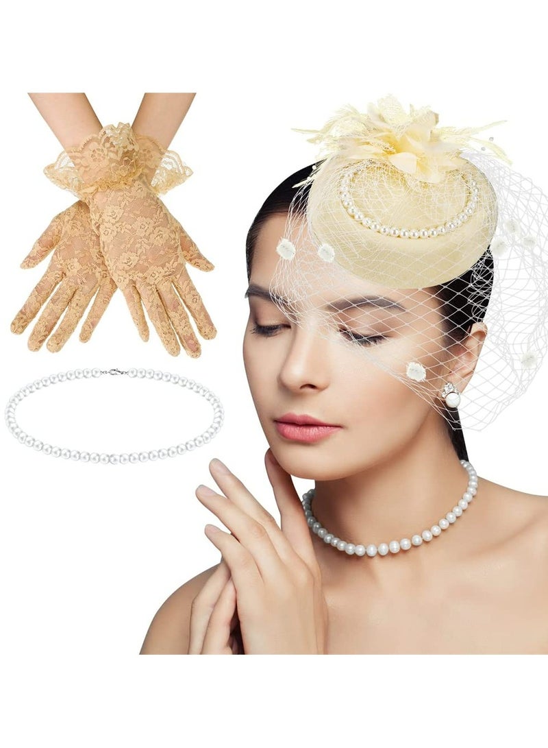 CMGTYYD 1950s Vintage Fascinator Hat Faux Feather Mesh Net Hat Tea Party Headwear with Veil and Women Short Lace Gloves Imitation Pearl Necklace Costume Accessories for Girls and Women Wedding Apricot  - Image 1