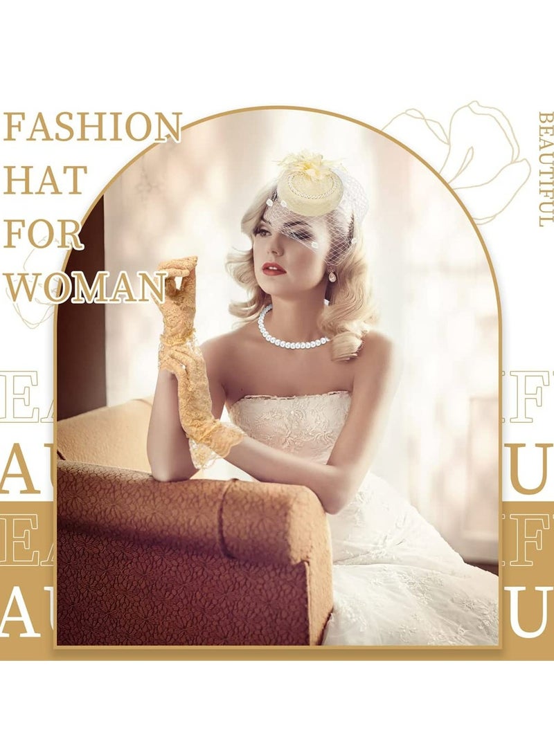 CMGTYYD 1950s Vintage Fascinator Hat Faux Feather Mesh Net Hat Tea Party Headwear with Veil and Women Short Lace Gloves Imitation Pearl Necklace Costume Accessories for Girls and Women Wedding Apricot  - Image 3