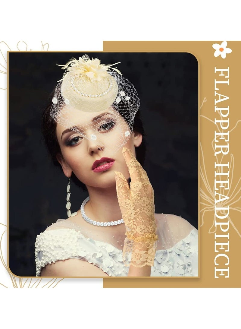 CMGTYYD 1950s Vintage Fascinator Hat Faux Feather Mesh Net Hat Tea Party Headwear with Veil and Women Short Lace Gloves Imitation Pearl Necklace Costume Accessories for Girls and Women Wedding Apricot  - Image 5