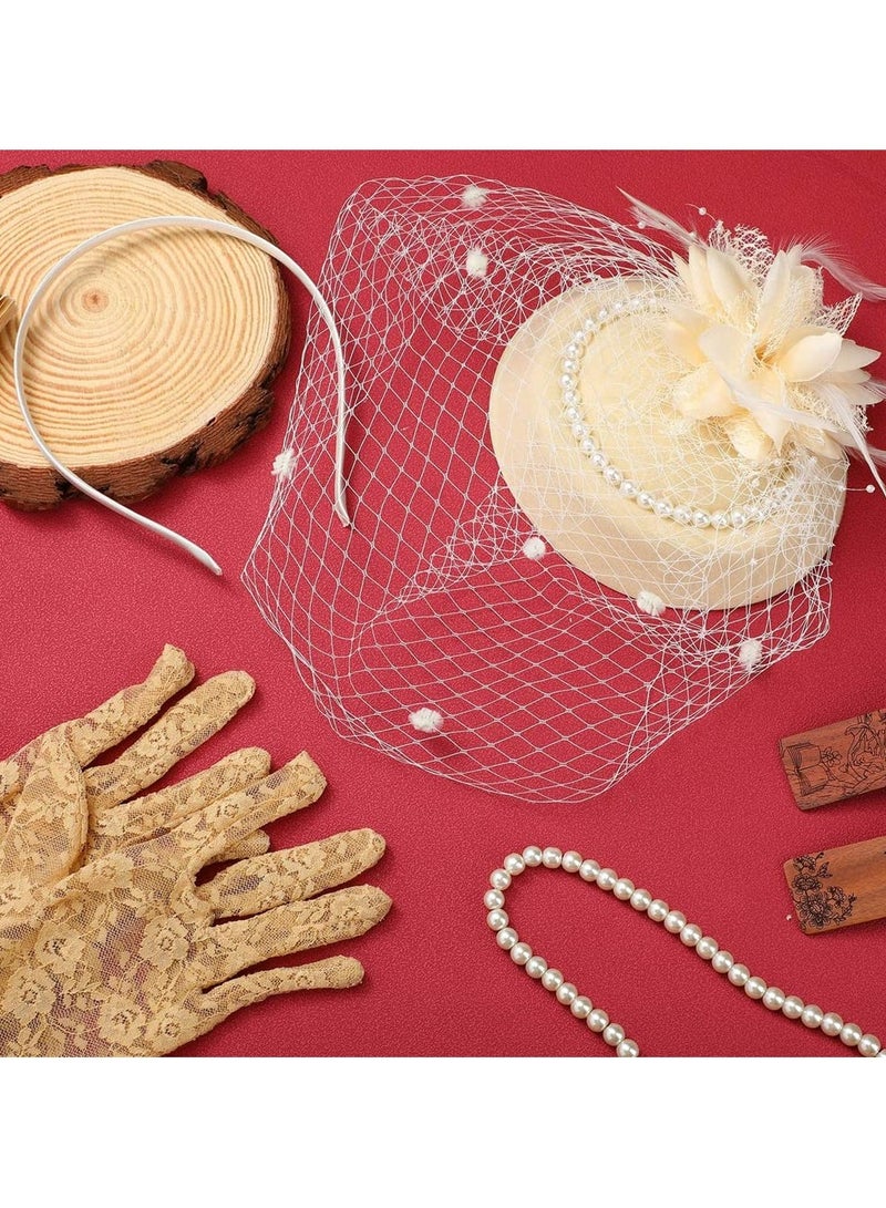 CMGTYYD 1950s Vintage Fascinator Hat Faux Feather Mesh Net Hat Tea Party Headwear with Veil and Women Short Lace Gloves Imitation Pearl Necklace Costume Accessories for Girls and Women Wedding Apricot  - Image 4