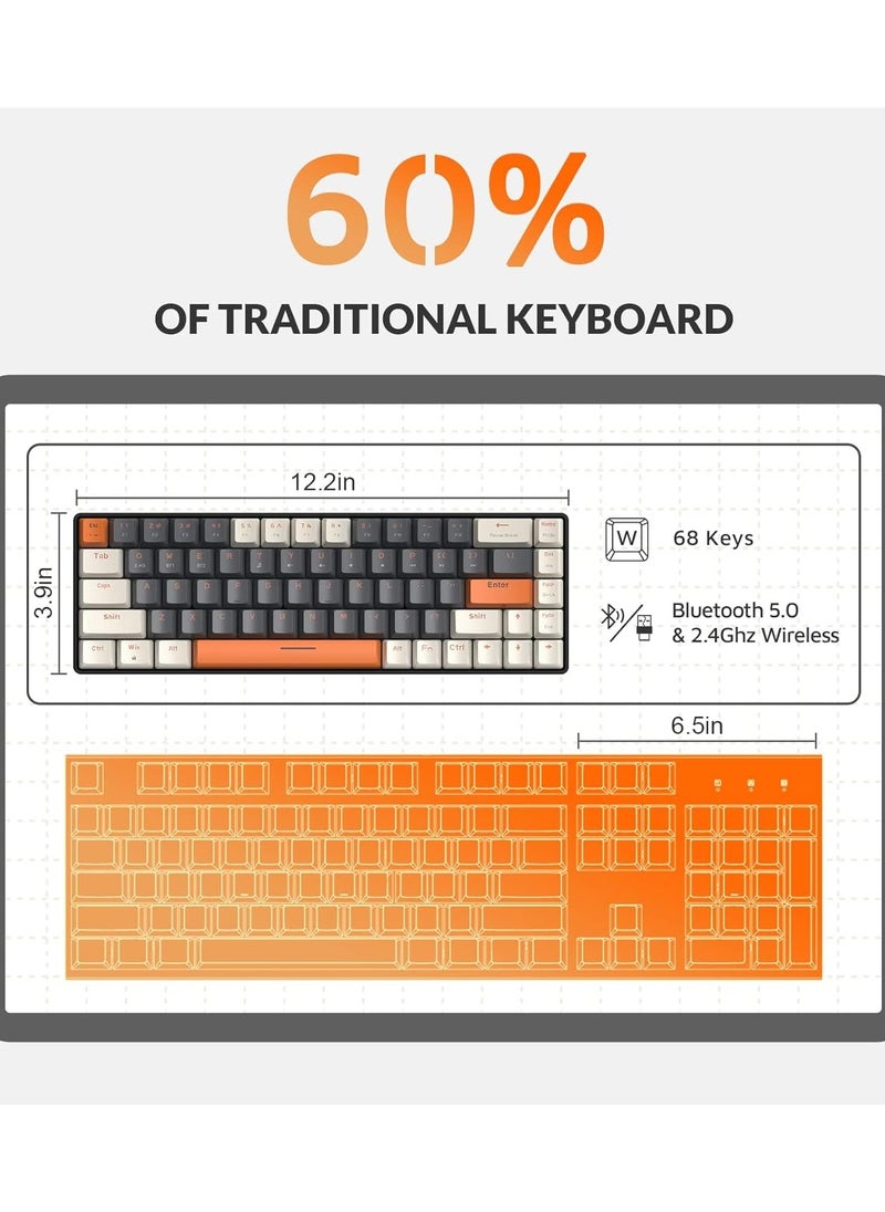 K68 ZIYOULANG  Wireless Mechanical Keyboard, Bluetooth 5.0/2.4G 68-Key Hot Swappable Professional Keyboard with Keycap Puller, Red Switch for Mac Windows Milkshake Brown