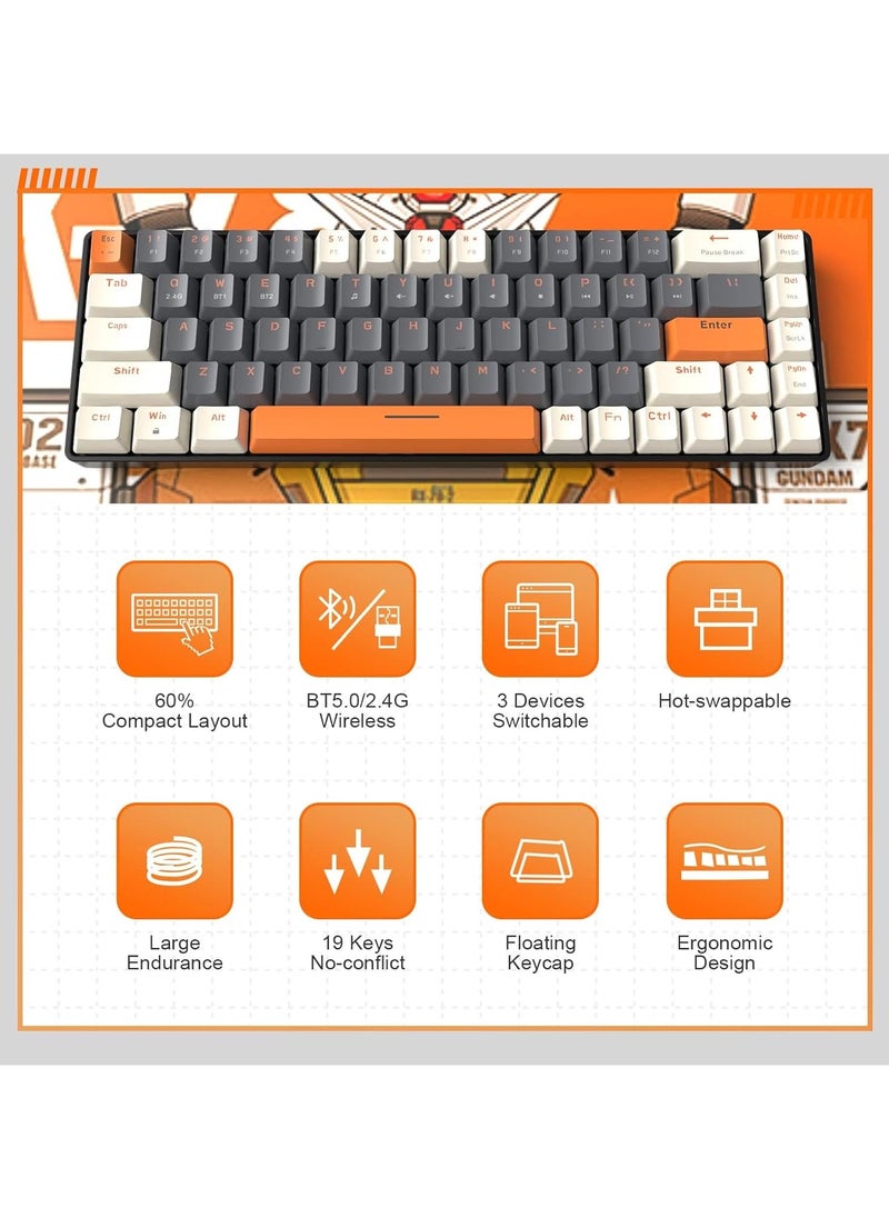 XVersion K68 ZIYOULANG  Wireless Mechanical Keyboard, Bluetooth 5.0/2.4G 68-Key Hot Swappable Professional Keyboard with Keycap Puller, Red Switch for Mac Windows Milkshake Brown  - Image 4