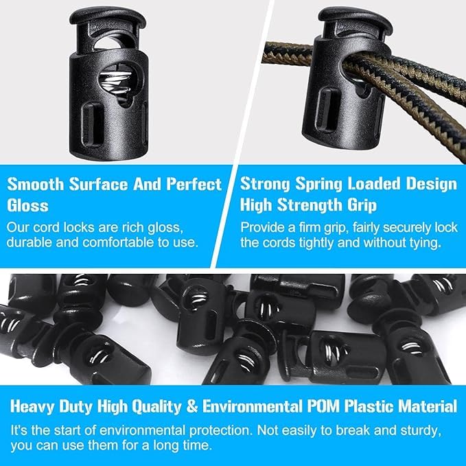 NIHSPRUHAY 25 pcs Cord Locks Spring Toggle Stopper + 10 Meter Cord Stretch String for Drawstring, Shoelaces, Clothing, Backpack, Bags (Black) - Image 2