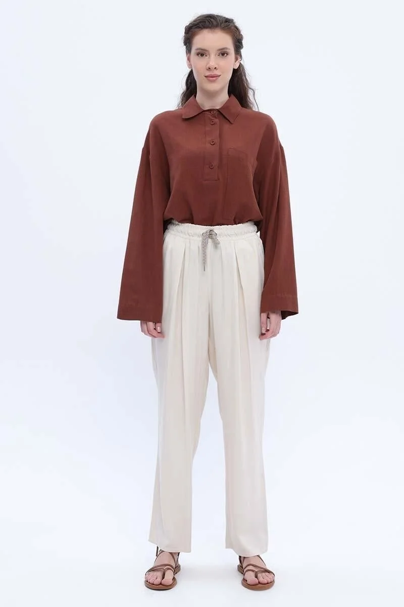 Allday Ecru-Wide Leg Trousers with Elastic Waistband
