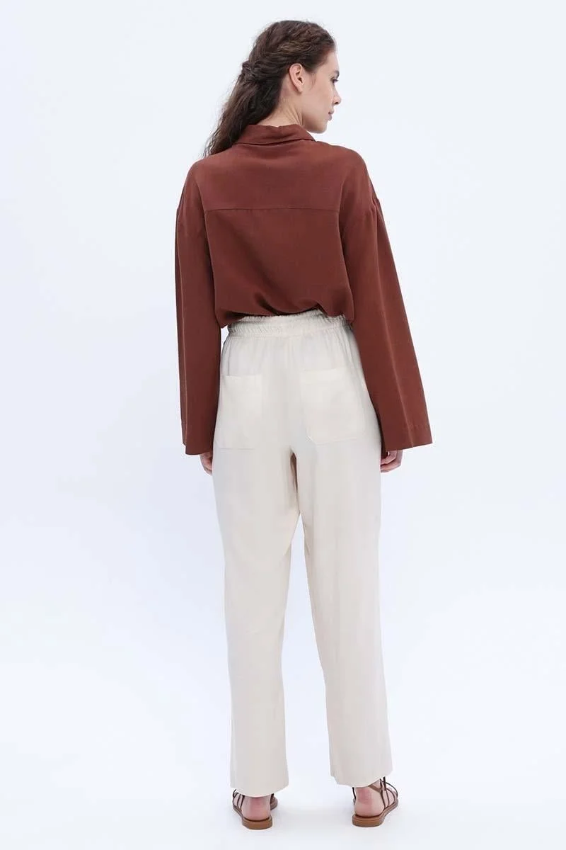 Allday Ecru-Wide Leg Trousers with Elastic Waistband