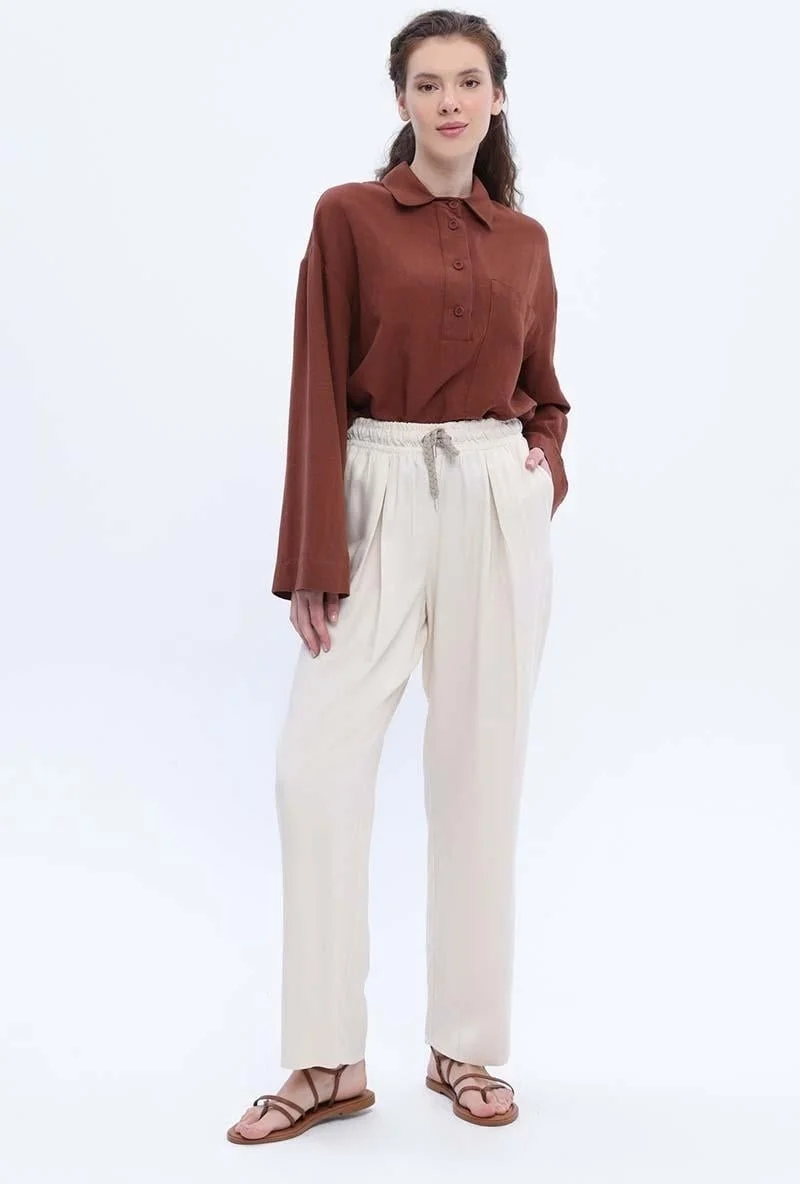 Allday Ecru-Wide Leg Trousers with Elastic Waistband