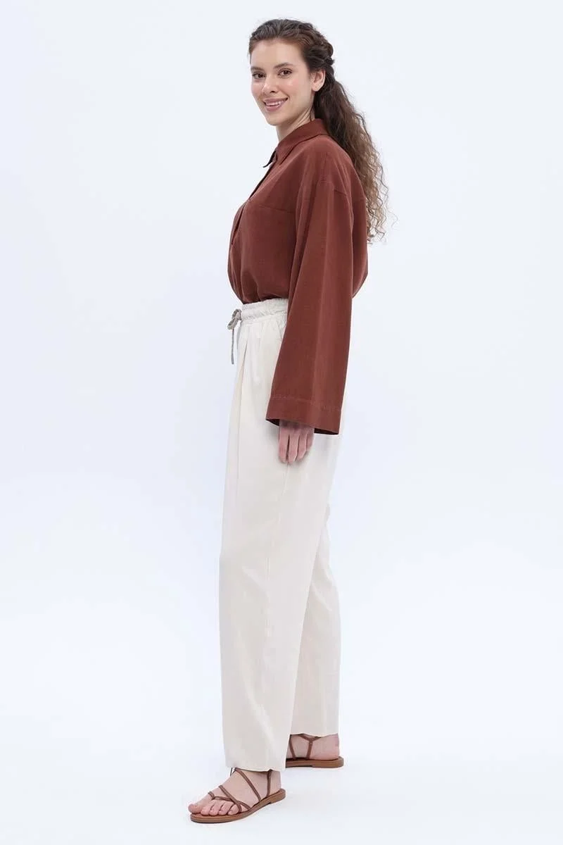 Allday Ecru-Wide Leg Trousers with Elastic Waistband