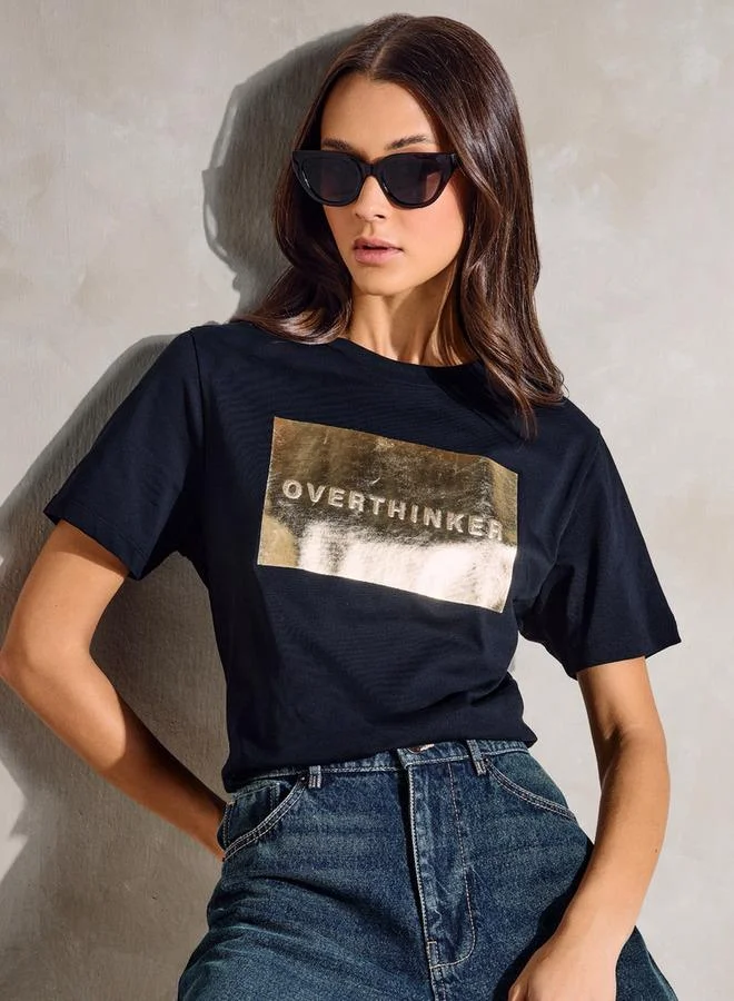 سبلاش فيڤ تيشيرت بياقة مستديرة بطبعة فويل