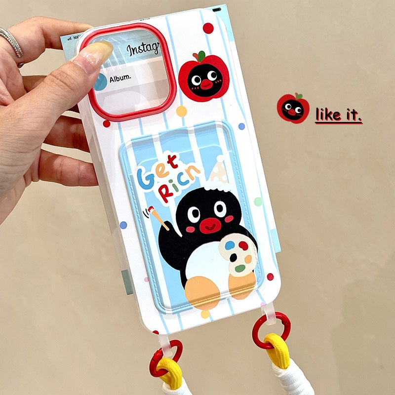 Korean Style Card Holder Suitable for iPhone 17 Pro Penguin Phone Case 16 Lanyard 13 Phone Protective Cover with Bow Tie - Image 3