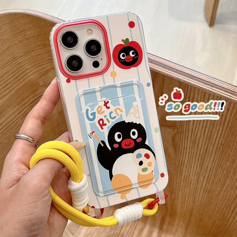 Korean Style Card Holder Suitable for iPhone 17 Pro Penguin Phone Case 16 Lanyard 13 Phone Protective Cover with Bow Tie - Image 2