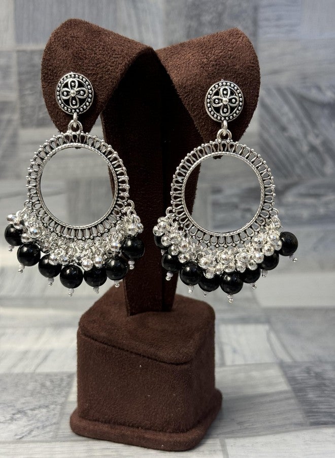 IRIKA Round Jhumka Bezels – Silver Coated with Black + White Beads | Anti-Tarnish Earring Base for Resin Art | Handcrafted in India | DIY Jewelry Making Findings – Pack of 2 - Image 2