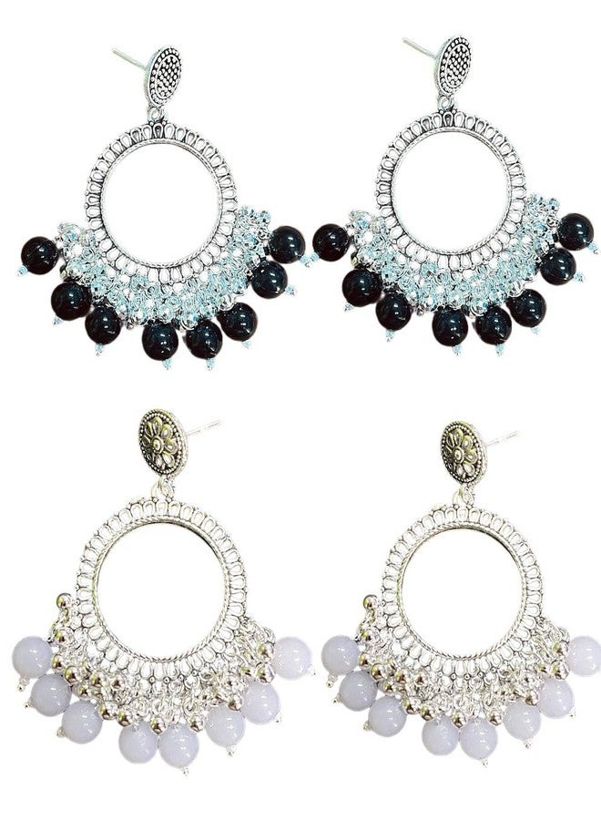 IRIKA Round Jhumka Bezels – Silver Coated with Black + White Beads | Anti-Tarnish Earring Base for Resin Art | Handcrafted in India | DIY Jewelry Making Findings – Pack of 2 - Image 1